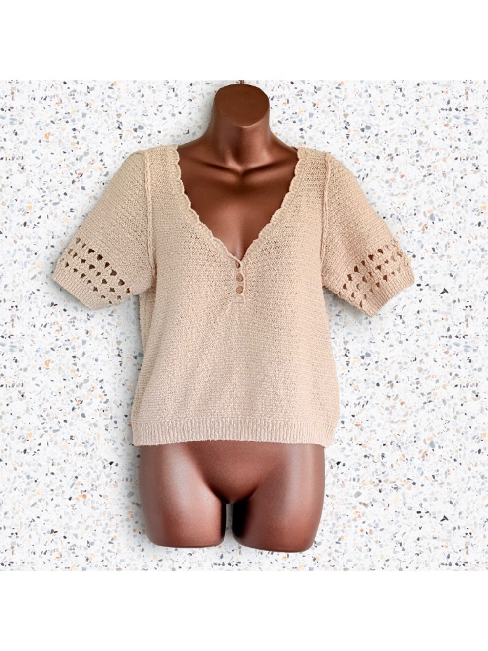 Free People Bree Dainty Boho Crochet Pointelle Knit Cottage Cropped Sweater Sz M